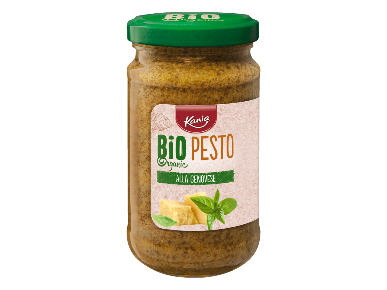 Een pot Kanig Bio Pesto Alla Genovese op een zwarte achtergrond.