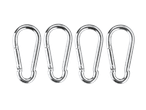 Four silver carabiner clips are lined up against a black background.