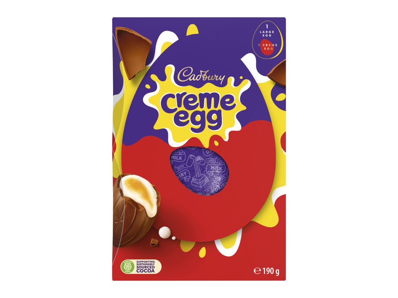 Large chocolate egg packaging with a creme egg design and a broken chocolate egg.