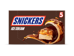 Doos met vijf chocolade-ijsrepen met karamel en pinda's.