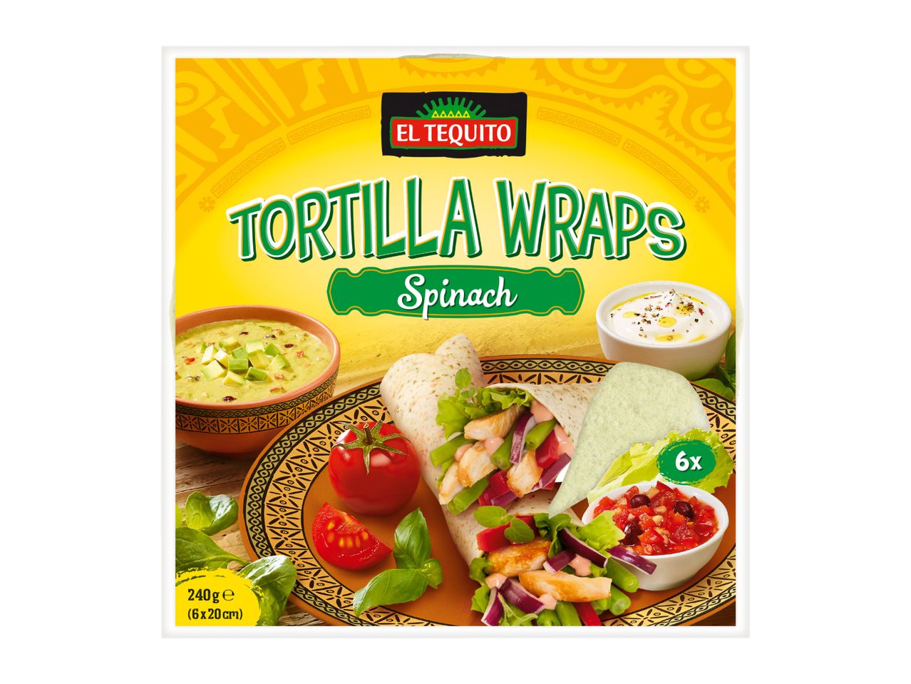 Tortilla wraps with spinach, served with chicken, vegetables, and dips, 240g (6x20cm).