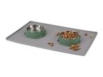 Pet feeding mat with two bowls, one with water and one with dry food
