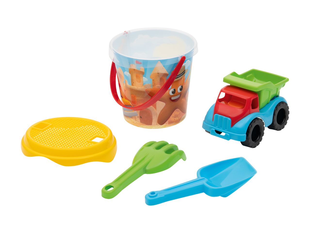 Colorful sand play set with a bucket, sieve, rake, shovel, and dump truck.