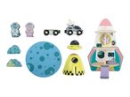 A space-themed wooden toy set featuring a rocket, astronauts, vehicles, and planets.