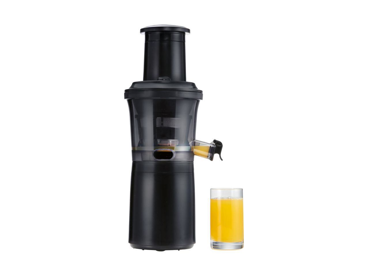 Black slow juicer with a glass of orange juice on a white background