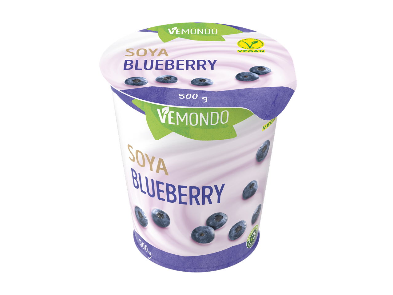 Iogurte vegano Vemondo de soja e mirtilos, 500 g.