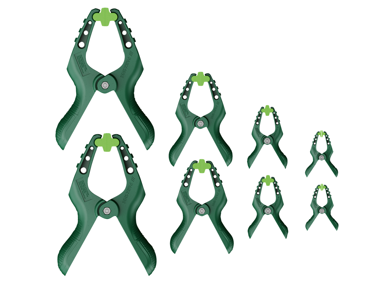 Parkside® klemmenset met groene veerklemmen in verschillende maten.