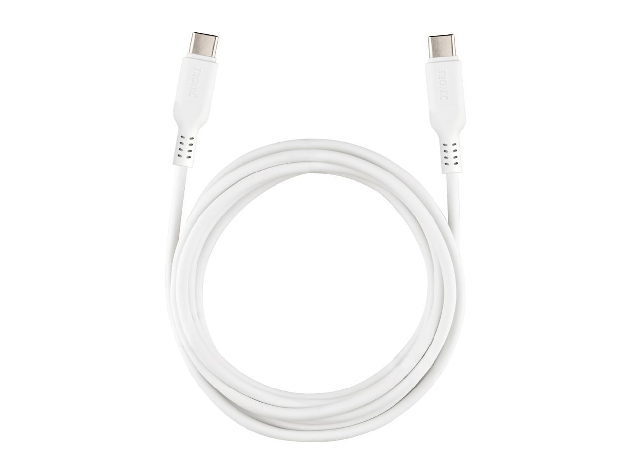 White USB-C to USB-C charging and data cable, coiled in a circle.