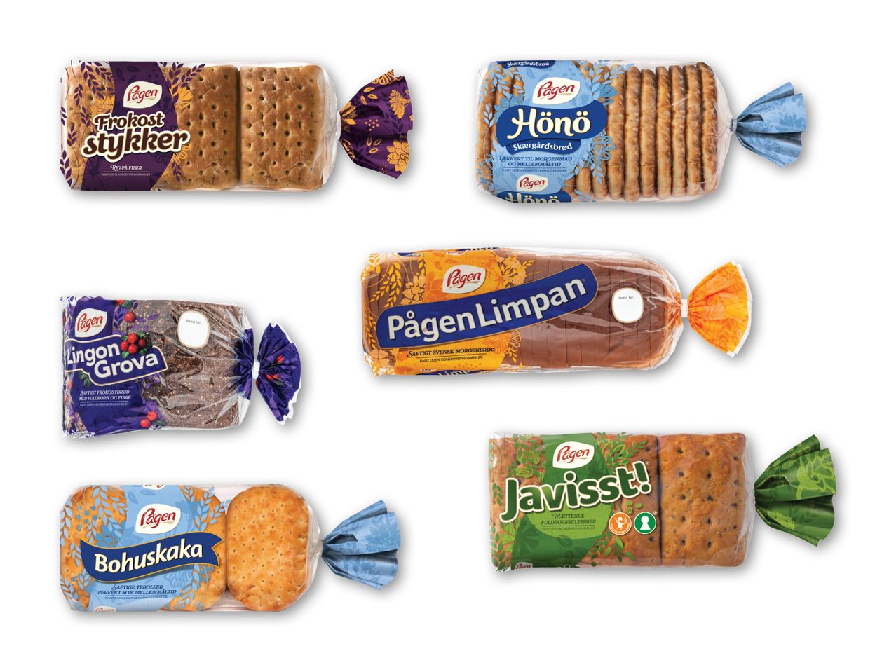 Forskellige typer brød fra Pågens sortiment, herunder rugbrød og knækbrød.