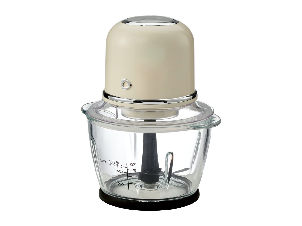 Electric food chopper with a cream-colored motor unit and a glass bowl with measurement markings