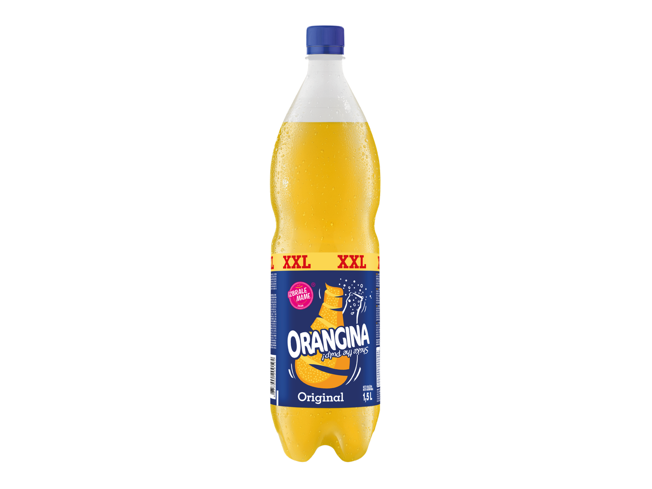 Boca gaziranog soka od naranče s natpisom XXL i oznakom 1,5L.