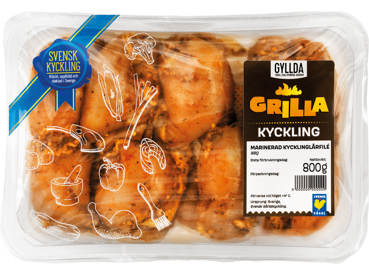 Förpackning med färdigmarinerade kycklingbitar från Gyllda.