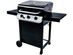 Grelhador a gás CHAR-BROIL preto com três queimadores e prateleiras laterais.