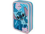 Stitch pencil case with tropical floral design and pink/blue zippers.