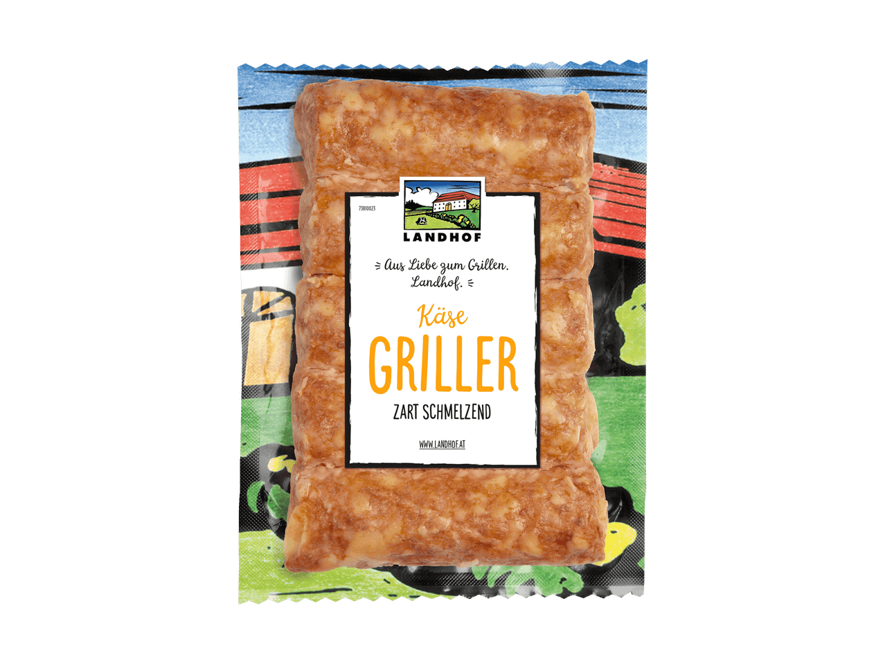 Verpackung mit Käsegrillern, zart schmelzend, mit dem Text „Aus Liebe zum Grillen“.