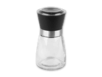 Salz- oder Pfeffermühle aus Glas mit schwarzem Deckel und silbernem Band