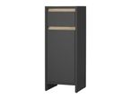 A dark gray cabinet with a light wood accent and a single door.