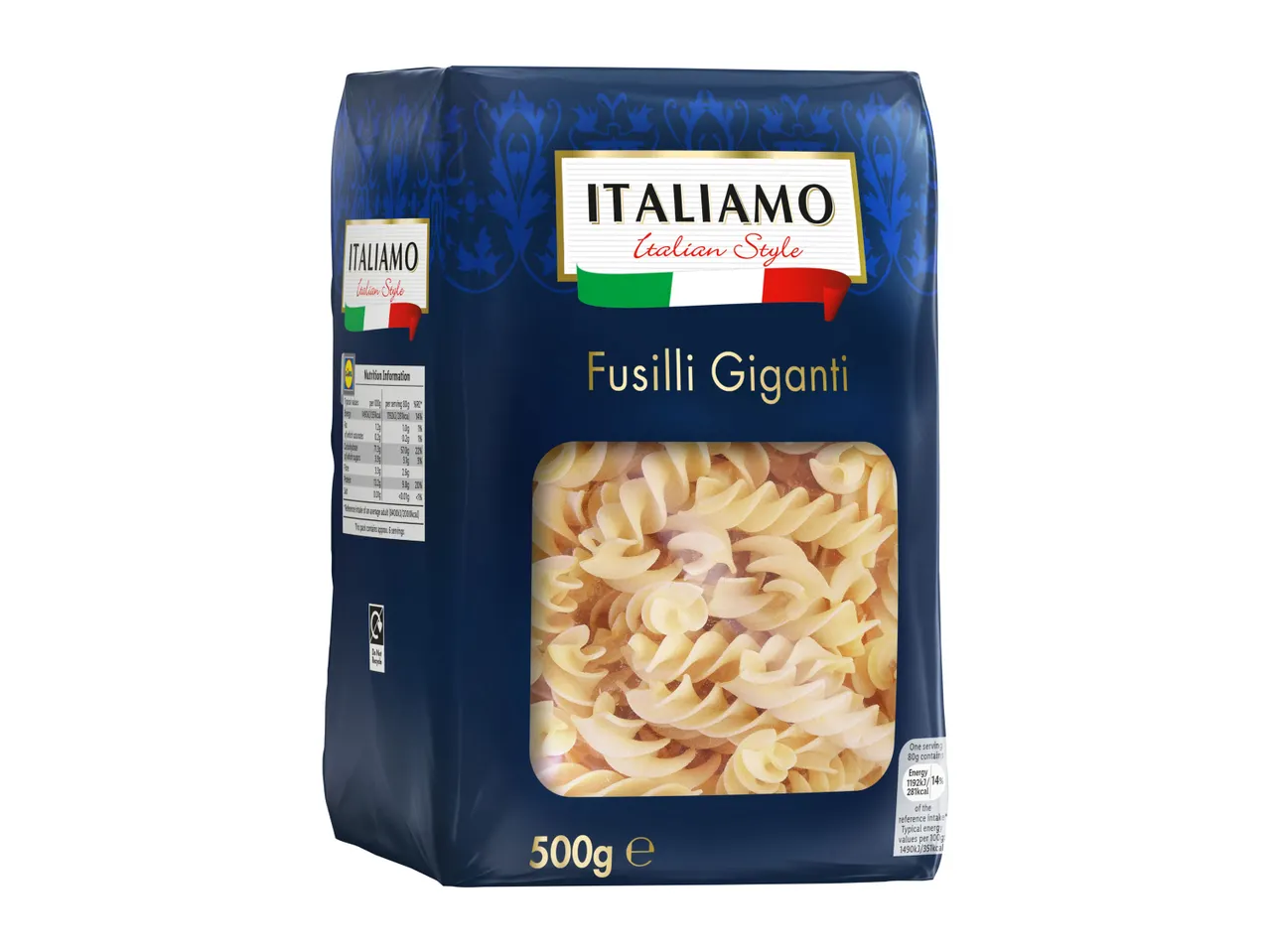 A bag of Italiamo Fusilli Giganti pasta, 500g.