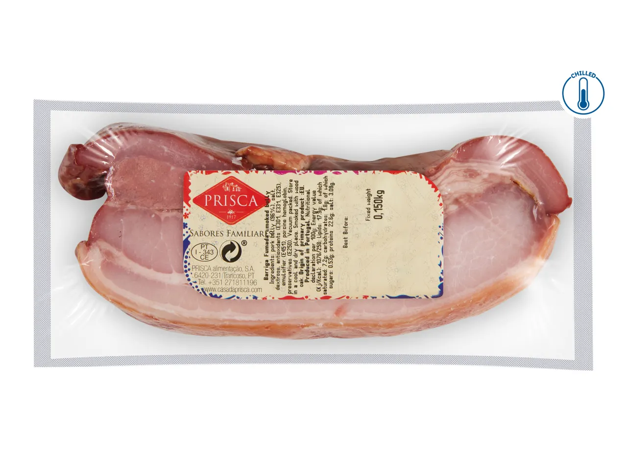 Prisca smoked bacon: 150g, vacuum-packed.