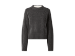 Dunkelgrauer Strickpullover mit Rundhalsausschnitt und Rippbündchen.