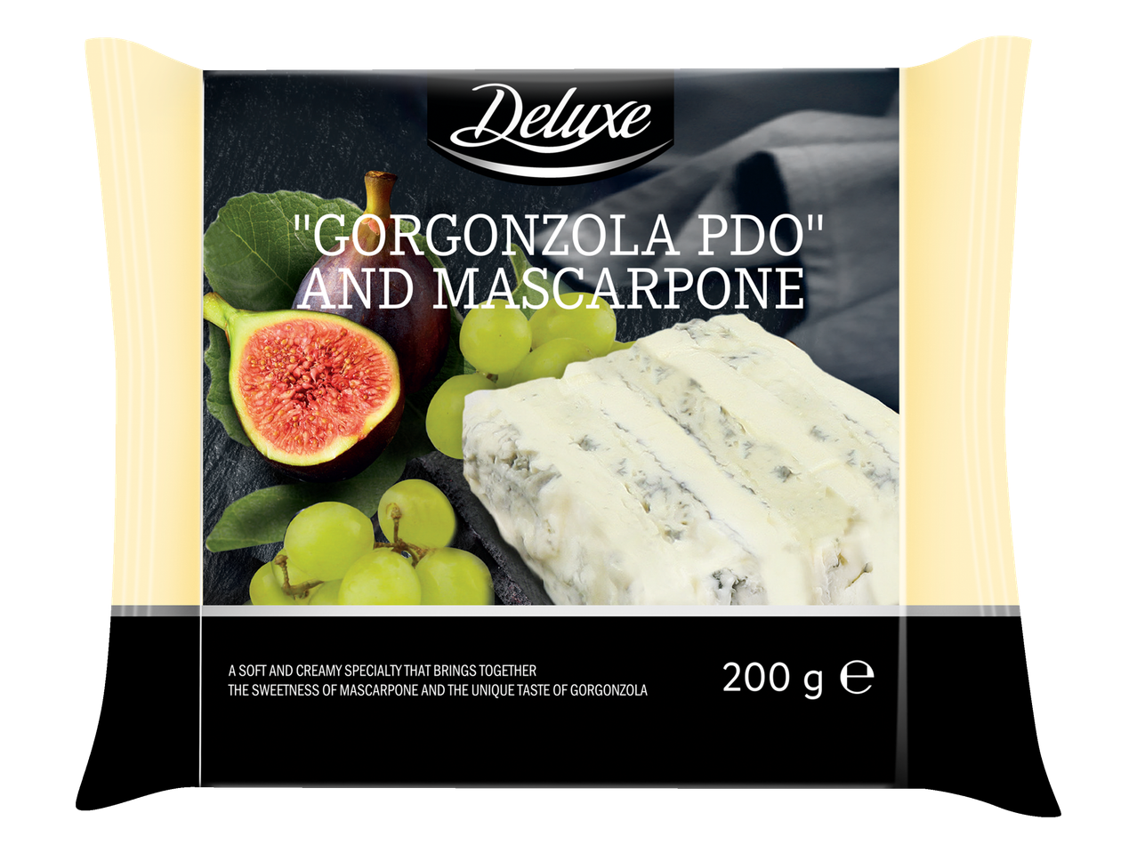 Deluxe Gorgonzola PDO un mascarpone siers ar vīģēm un vīnogām.