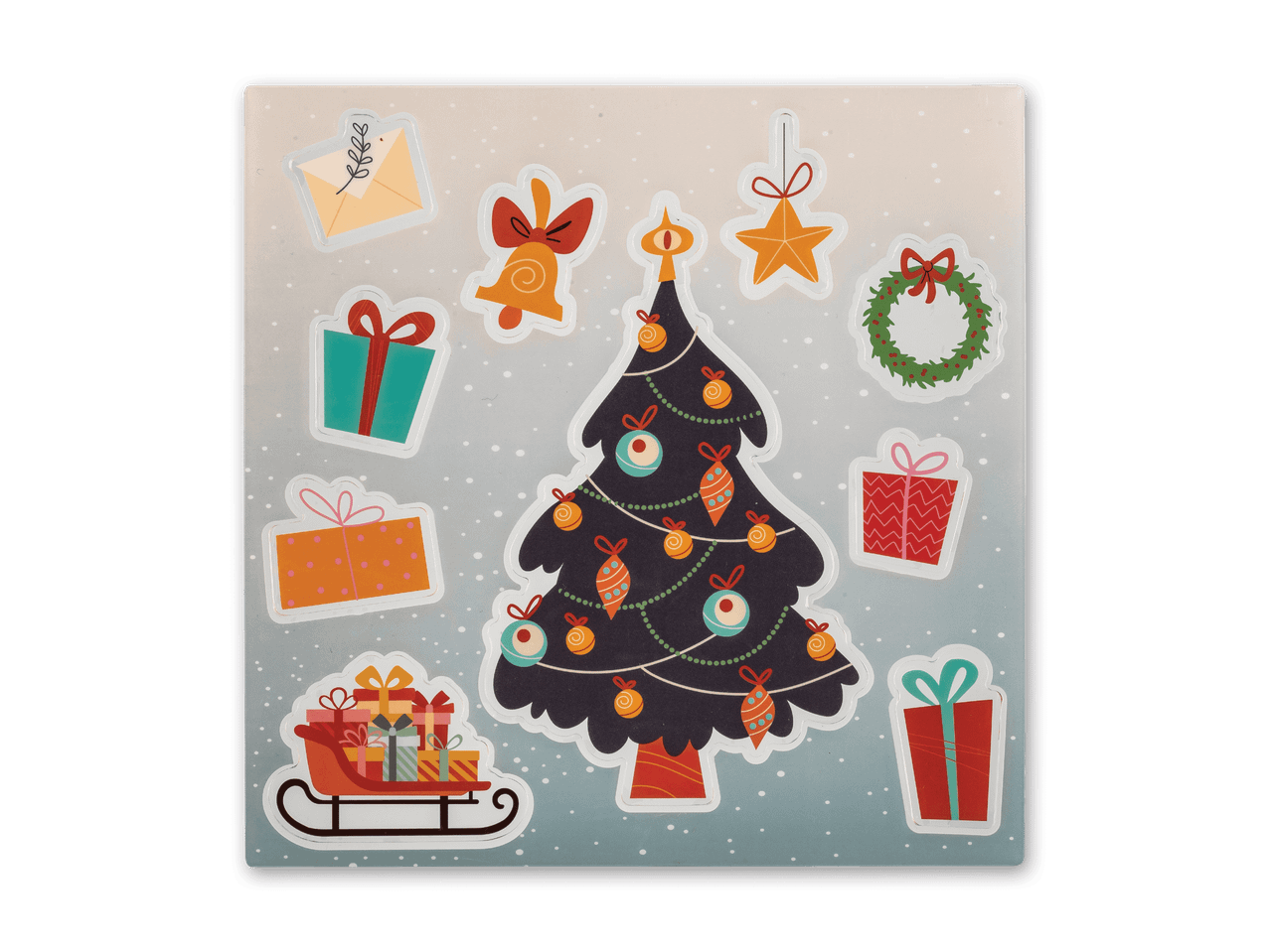 Weihnachtsbaum-Sticker mit Geschenken, Glocken, Sternen und einem Schlitten auf hellblauem Hintergrund.