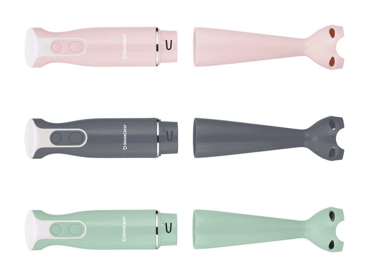 Tre frullatori a immersione Silvercrest in rosa, grigio e verde menta, smontati in due parti.