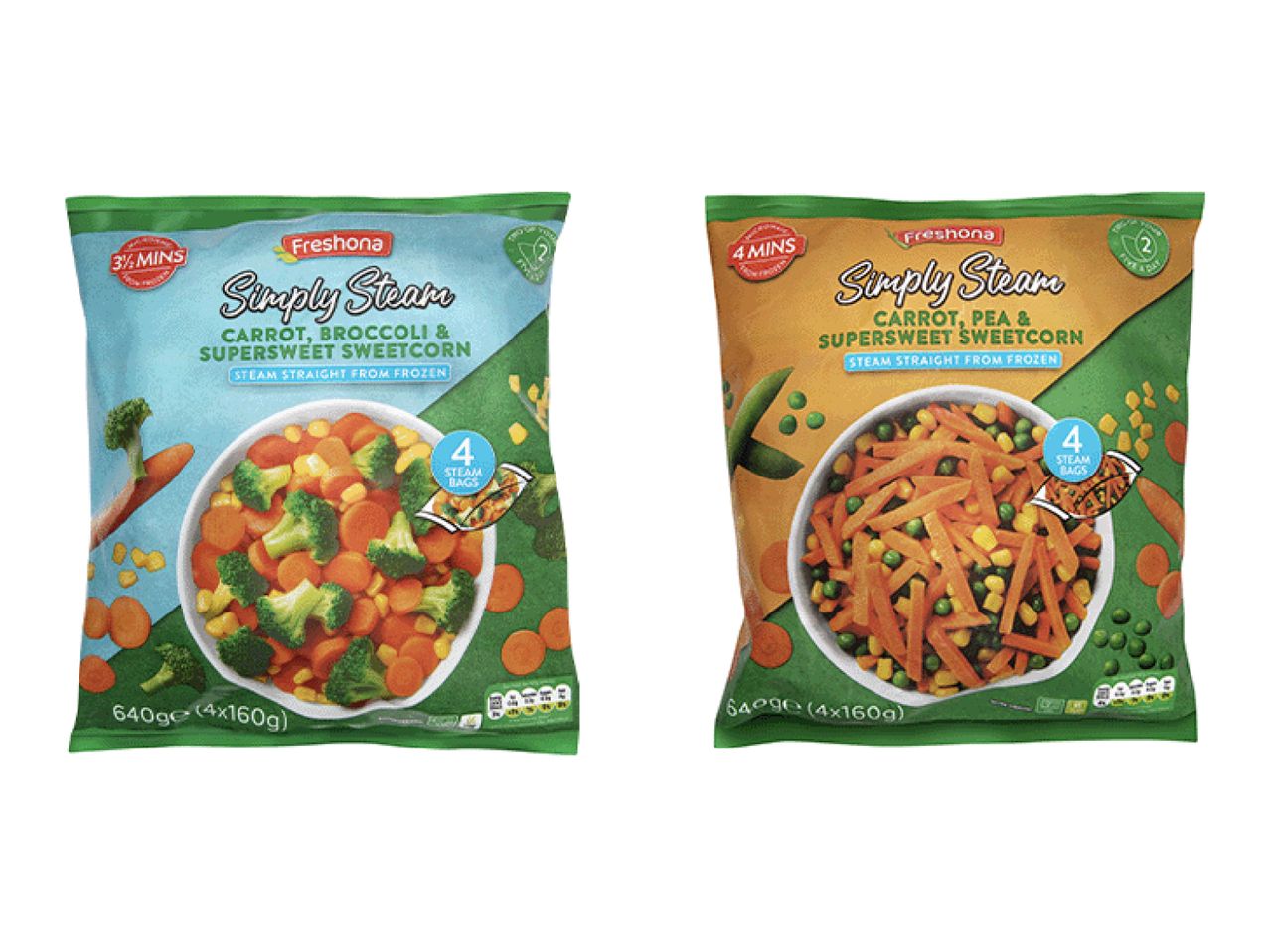 Freshona Simply Steam frozen vegetables: carrot, broccoli & sweetcorn, and carrot, pea & sweetcorn.