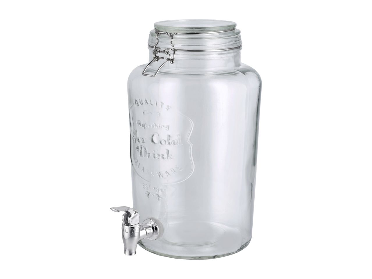 Glass beverage dispenser with a metal spigot and a hinged lid, featuring embossed text 'QUALITY Refreshing Ice Cold Drink GLASSWARE EST 1847'.