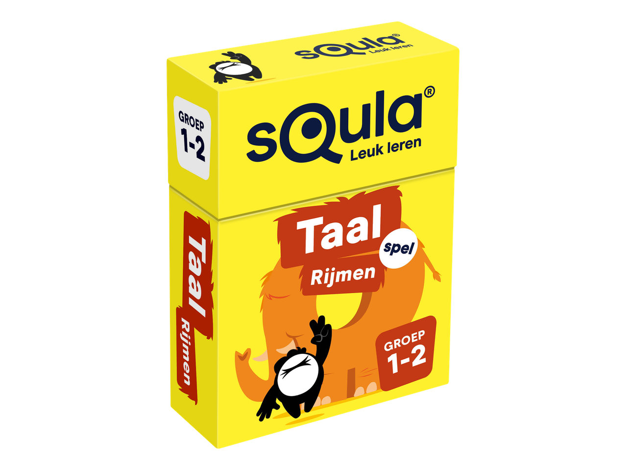 Een geel educatief spel voor groep 1-2, gericht op taal en rijmen, met een oranje mammoet en een zwart-wit figuurtje.