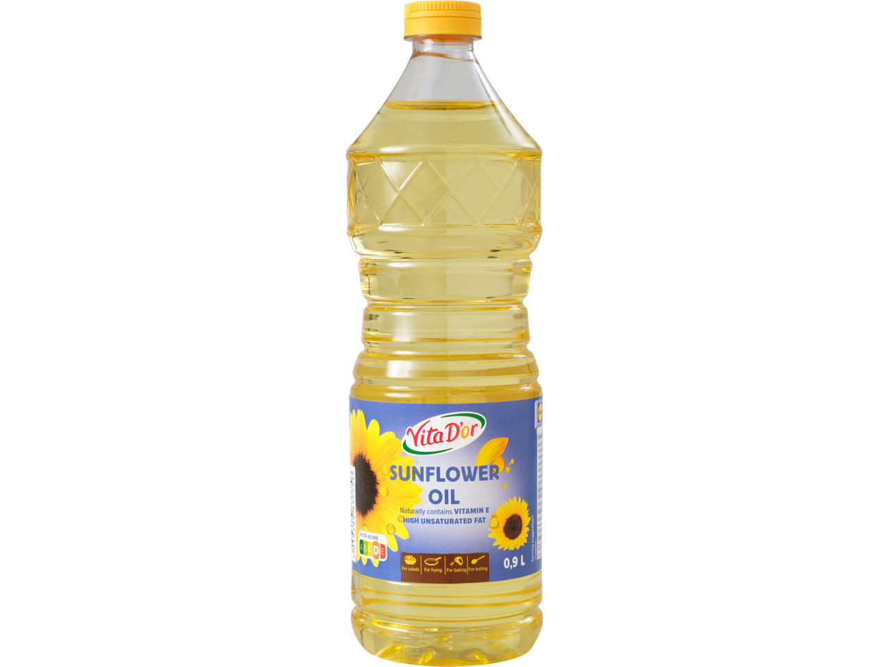 Vita D'or 0,9L päevalilleõli pudel, mille etiketil on päevalilled.