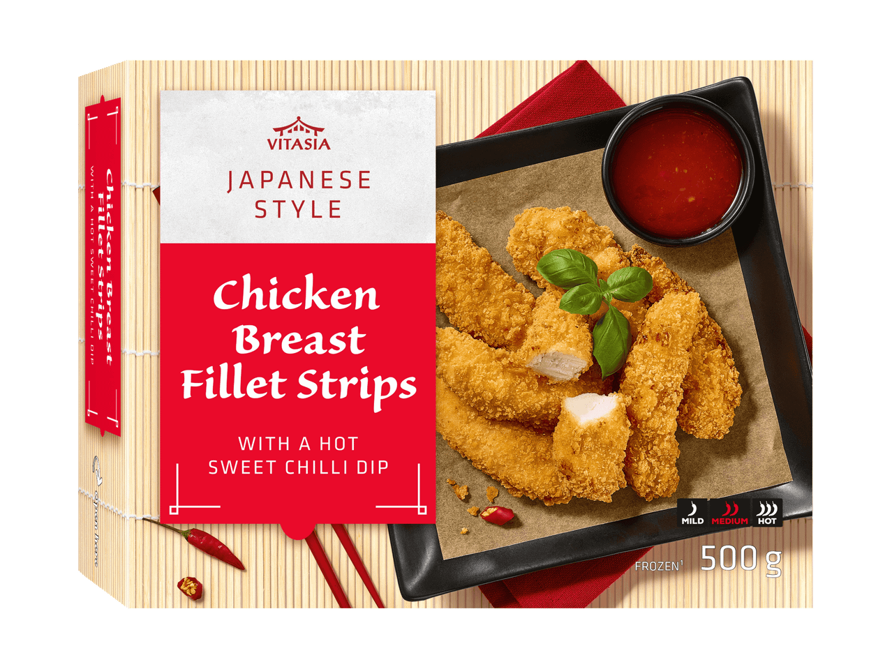 Lanières de filet de poulet à la japonaise avec sauce chili douce, paquet de 500g.