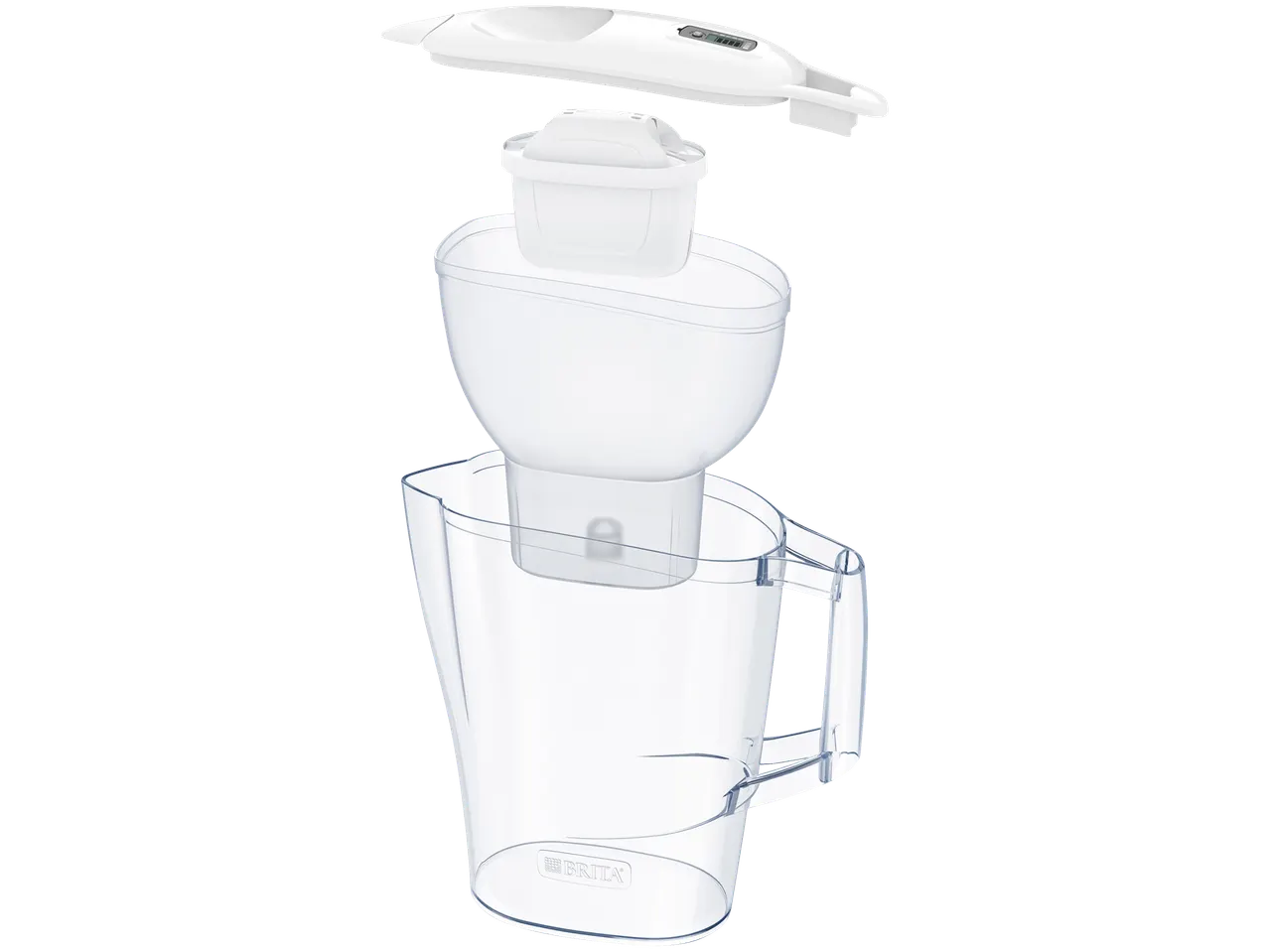 Exploded view of a Brita water filter jug with its lid, filter, and pitcher separated.