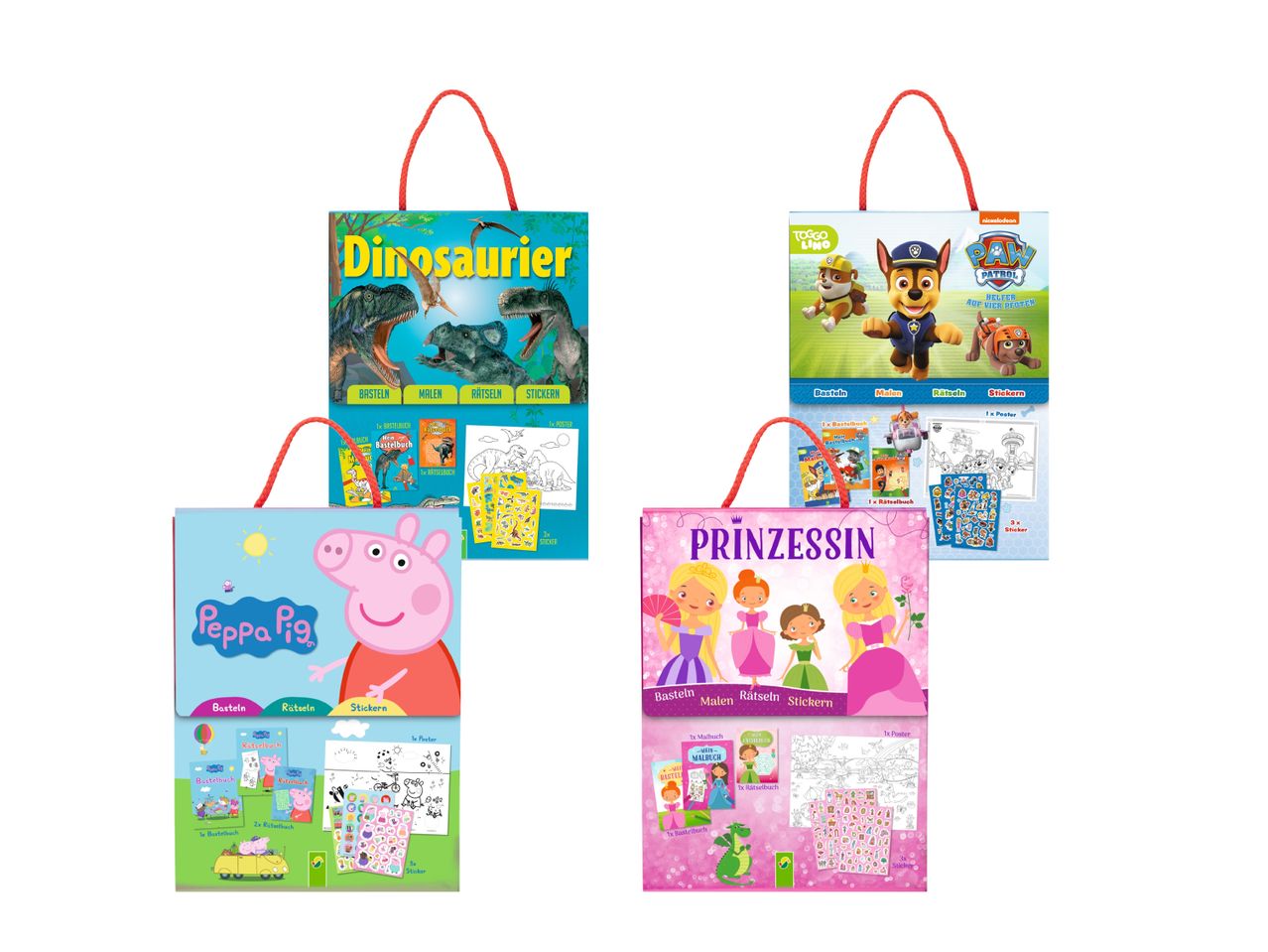 Kreativ-Sets: Dinosaurier, Peppa Pig, Paw Patrol, Prinzessinnen.