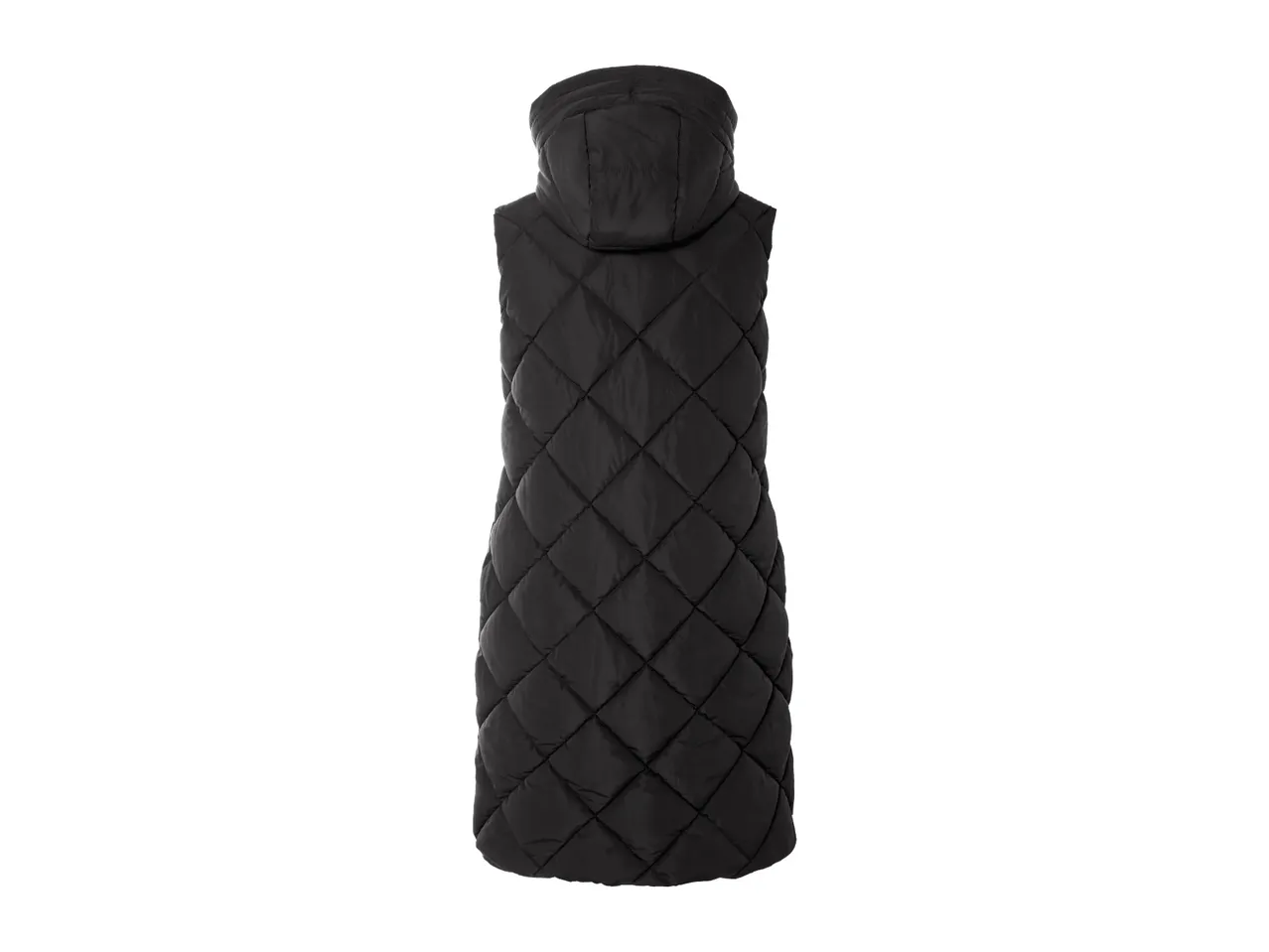 Back view of a long black quilted puffer vest with a hood