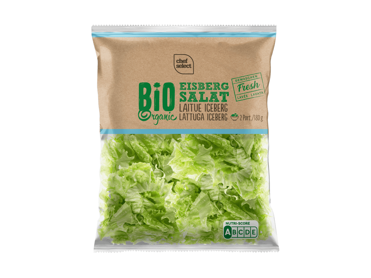 Busta di insalata iceberg biologica, lavata, 180g, con Nutri-Score A.