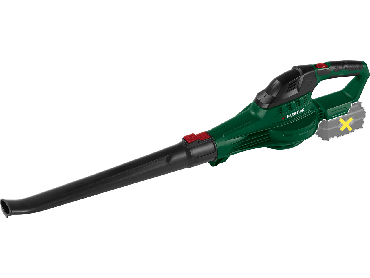 Cordless leaf blower with a detachable battery pack.