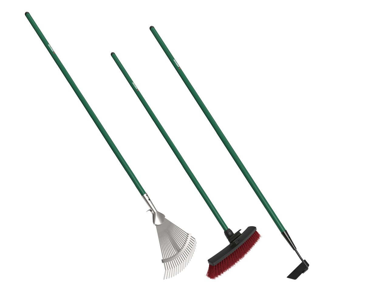 Gartenwerkzeuge: Rechen, Besen und Hacke mit grünen Stielen