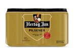 Een goudkleurige verpakking van pilsener bier, 6-pack van 33 cl blikjes.