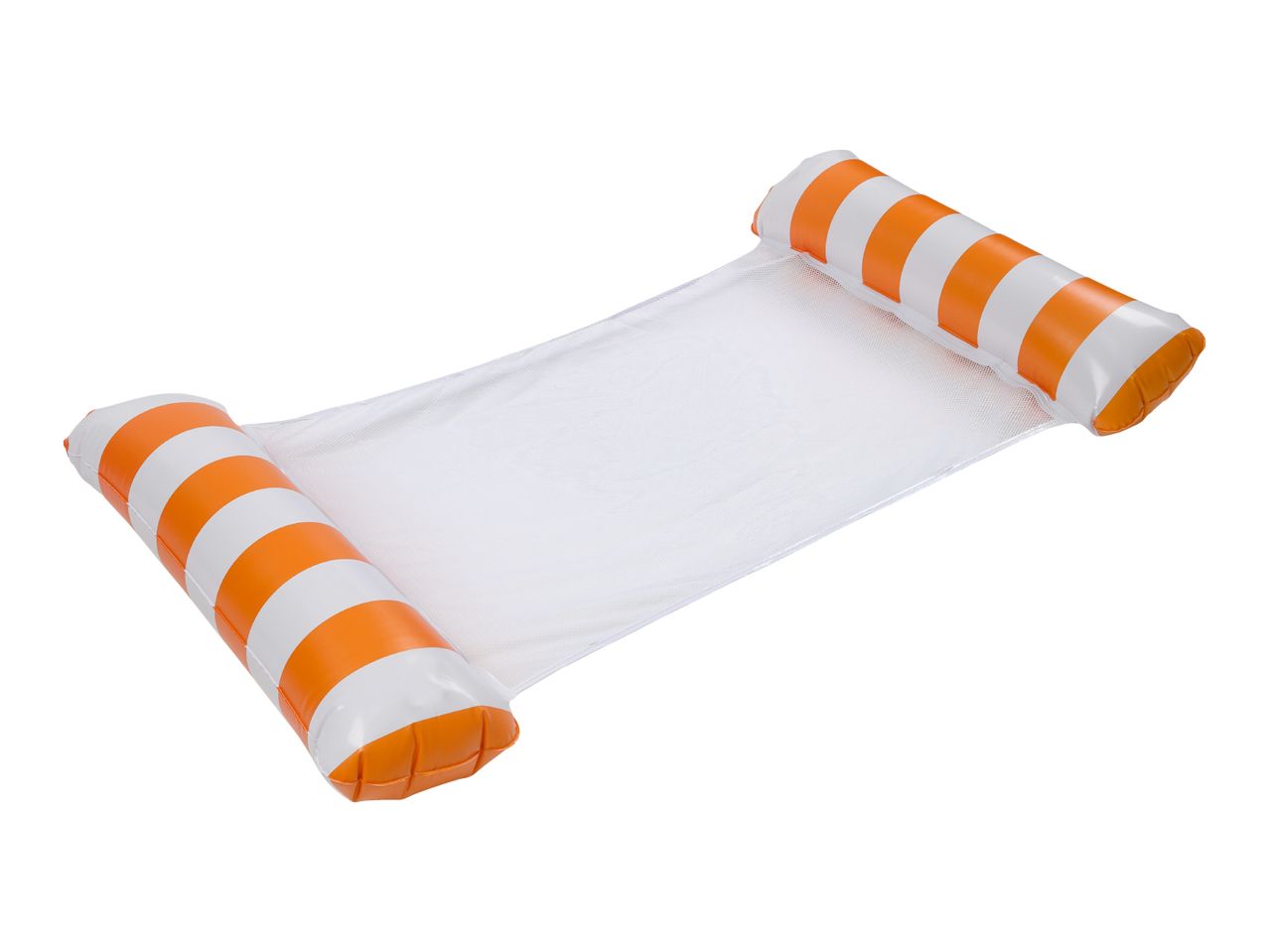 Orange and white striped inflatable pool hammock with a mesh center.