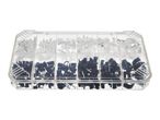 Clear organizer box with white and black cable clips and nails
