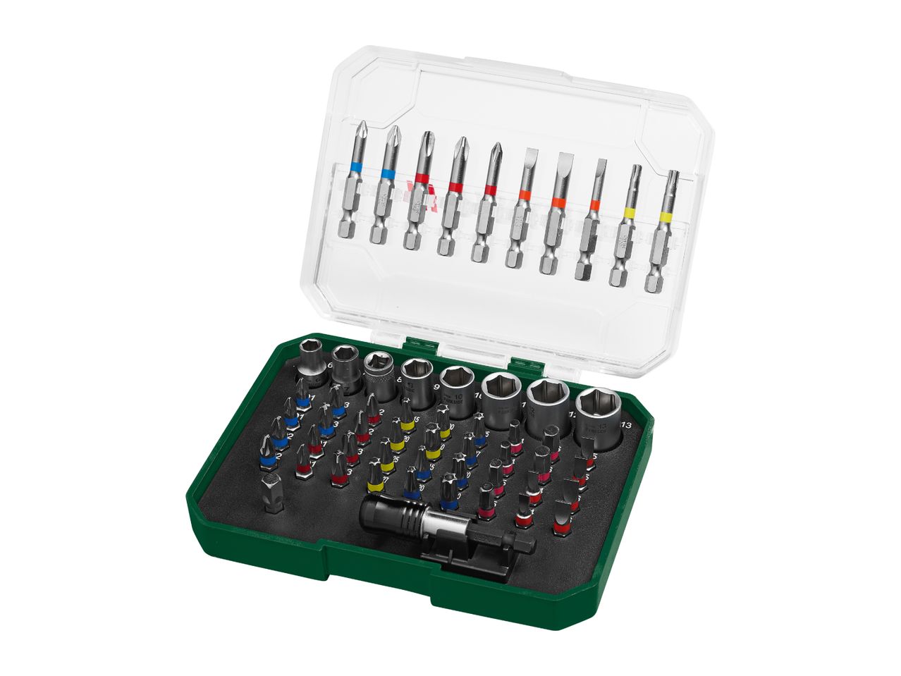 A set of screwdriver bits and sockets in a green and clear plastic case.