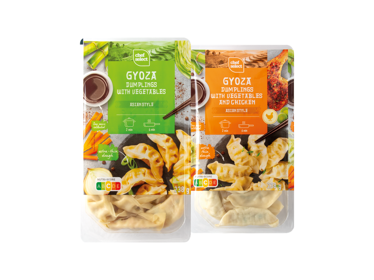 Dva pakiranja gyoza okruglica, jedno s povrćem, a drugo s povrćem i piletinom, azijskog stila.