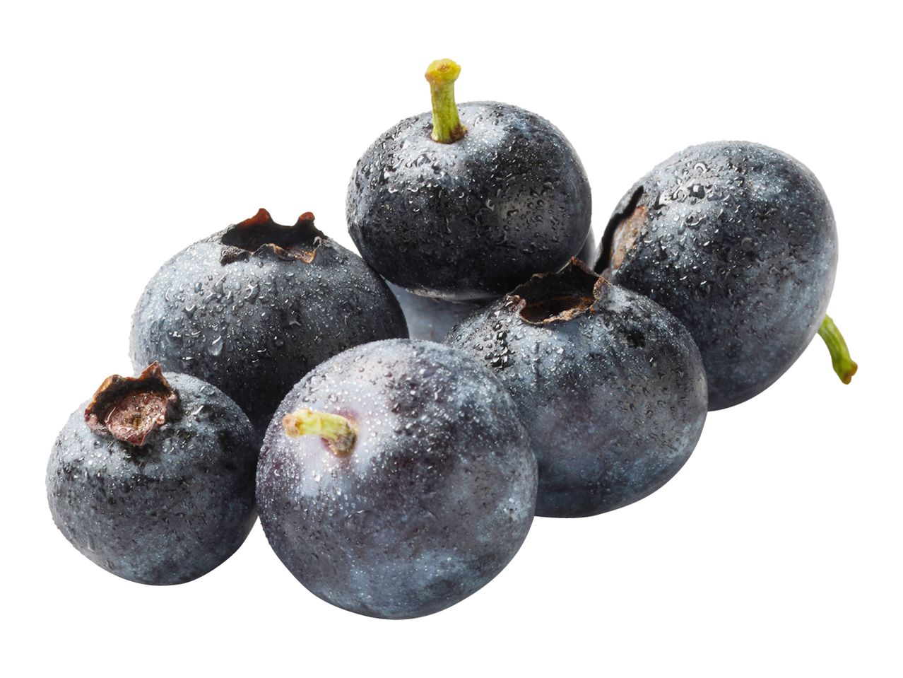 A cluster of fresh, dark blueberries with visible water droplets on a white background.