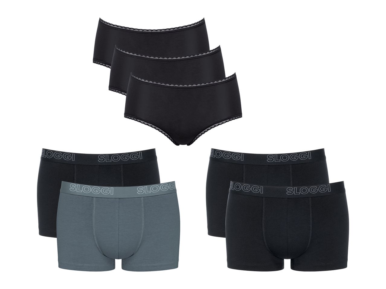 Drei schwarze Damen-Slips mit Spitzenbesatz und vier Herren-Boxershorts in Schwarz und Grau.