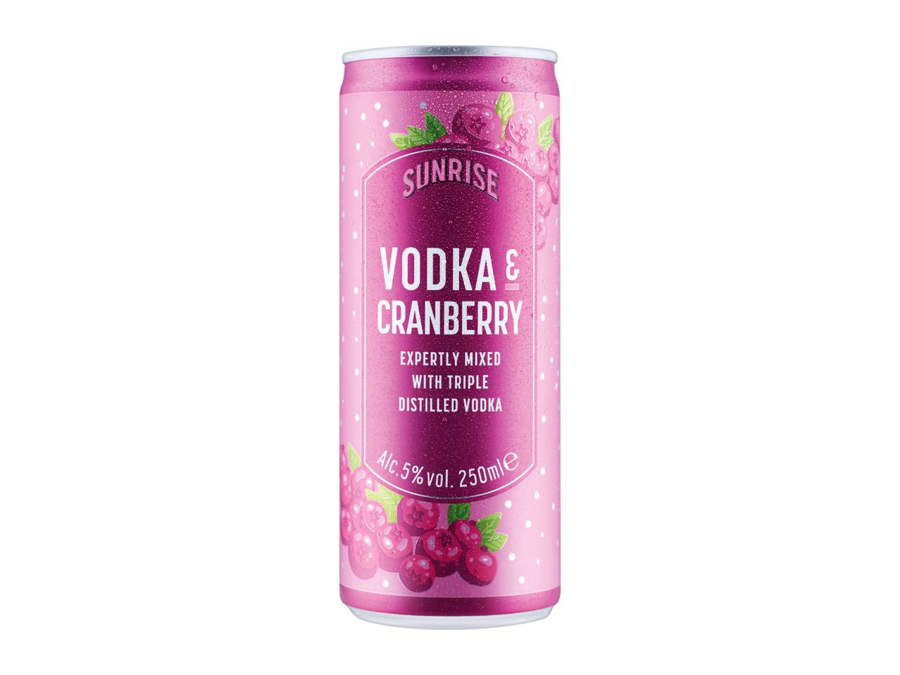 Pink can of vodka and cranberry cocktail, 5% alcohol, 250ml.