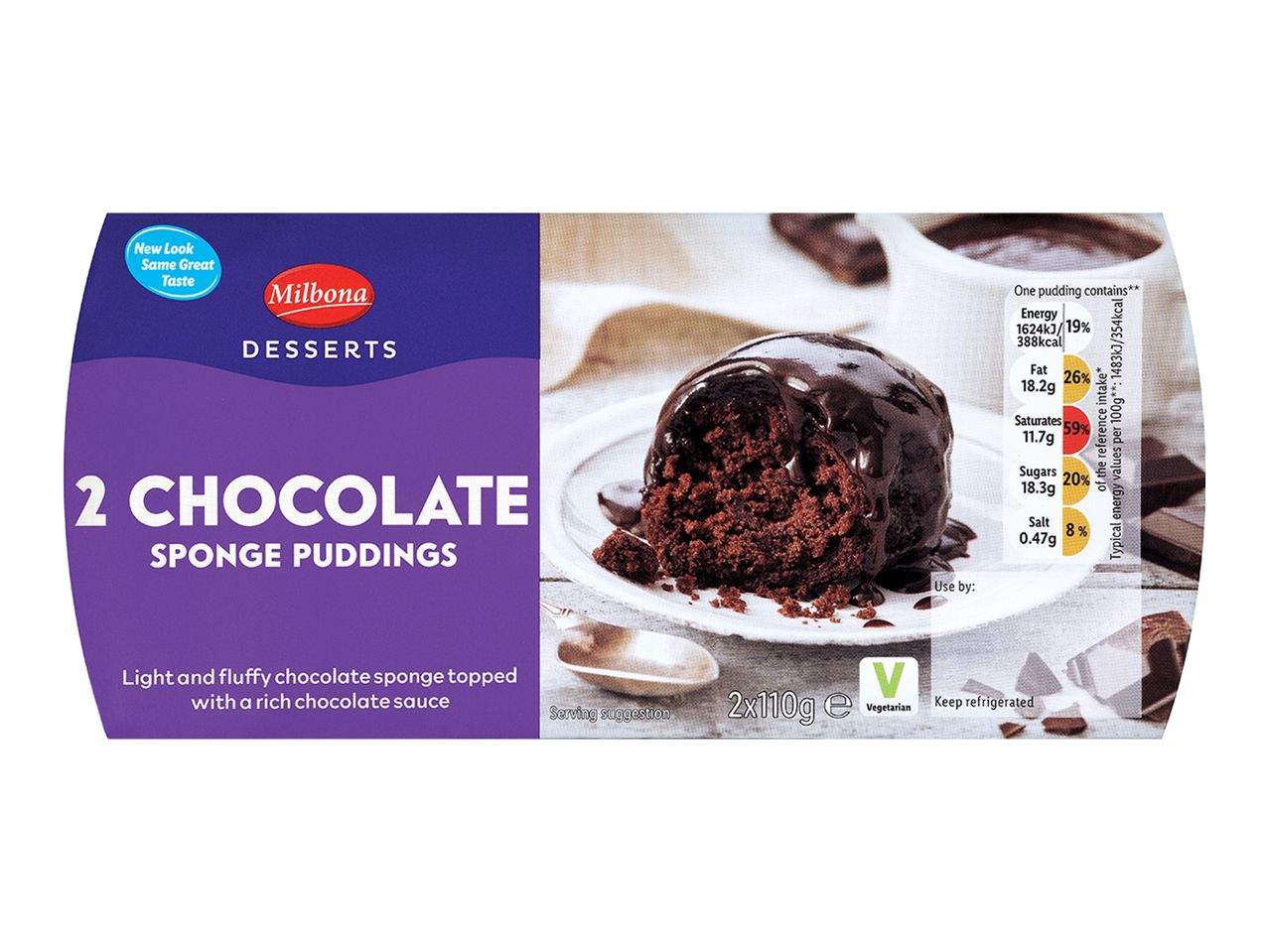 Two Milbona chocolate sponge puddings: light and fluffy.