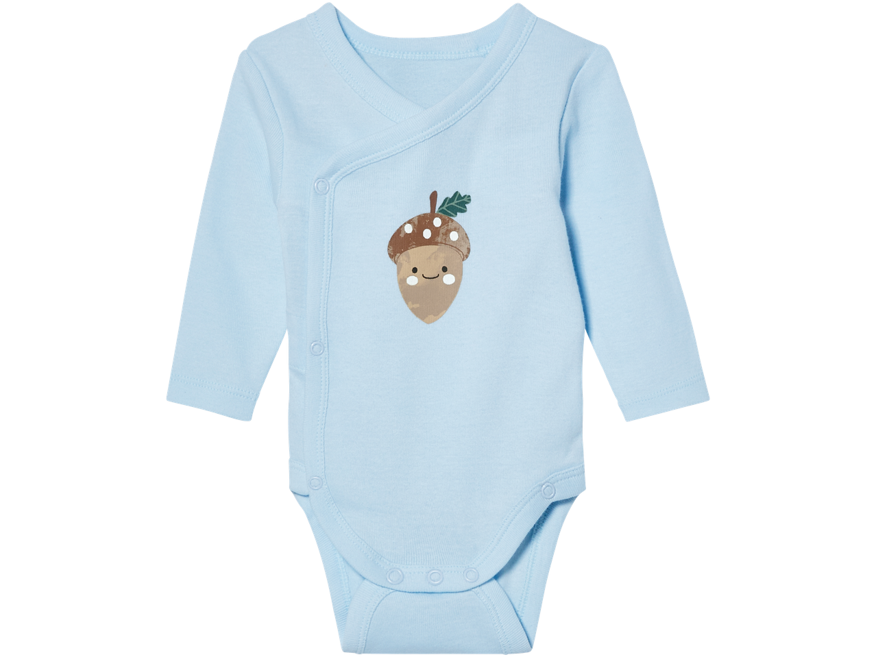 Lupilu baby wrap-over bodysuit in light blue with an acorn graphic