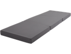 A gray tri-fold mattress pad is shown at an angle.