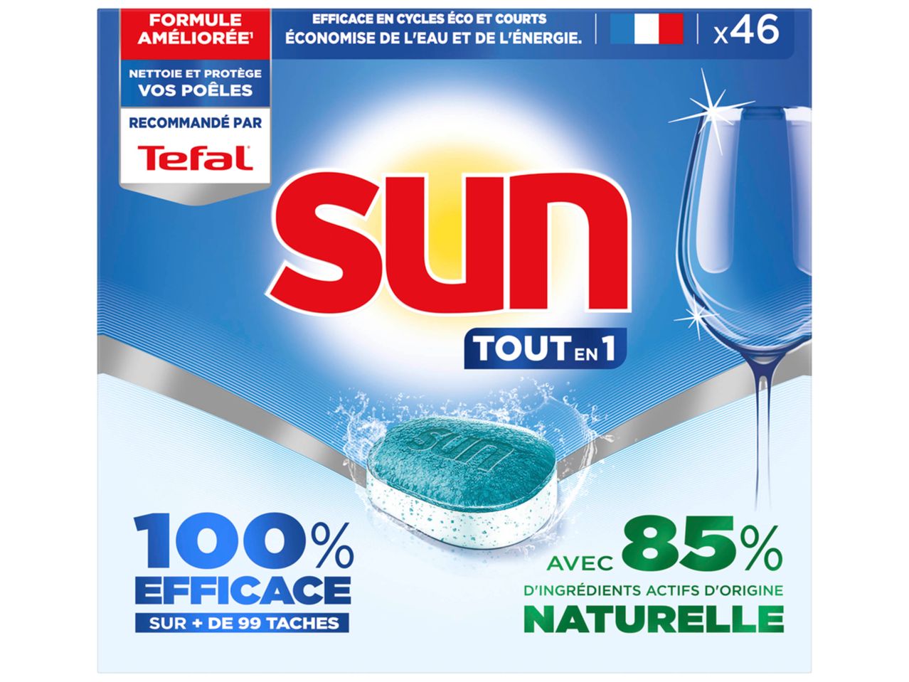 Boîte de 46 pastilles lave-vaisselle Sun, tout-en-1, 100% efficace, 85% d'ingrédients d'origine naturelle, recommandé par Tefal.